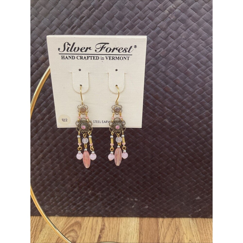 silver forest earrings new Pink Beads With Crystal Accents